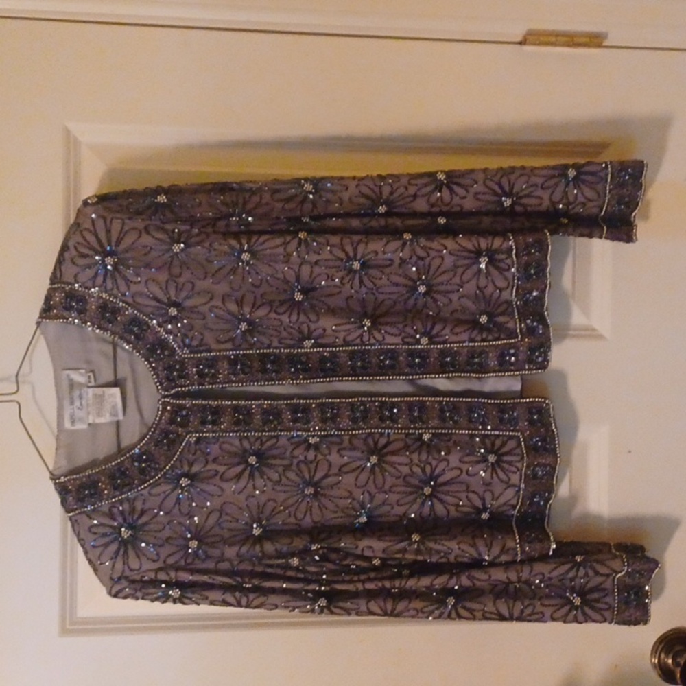 Evening Holiday Beaded Jacket Grey w Navy Beads PM